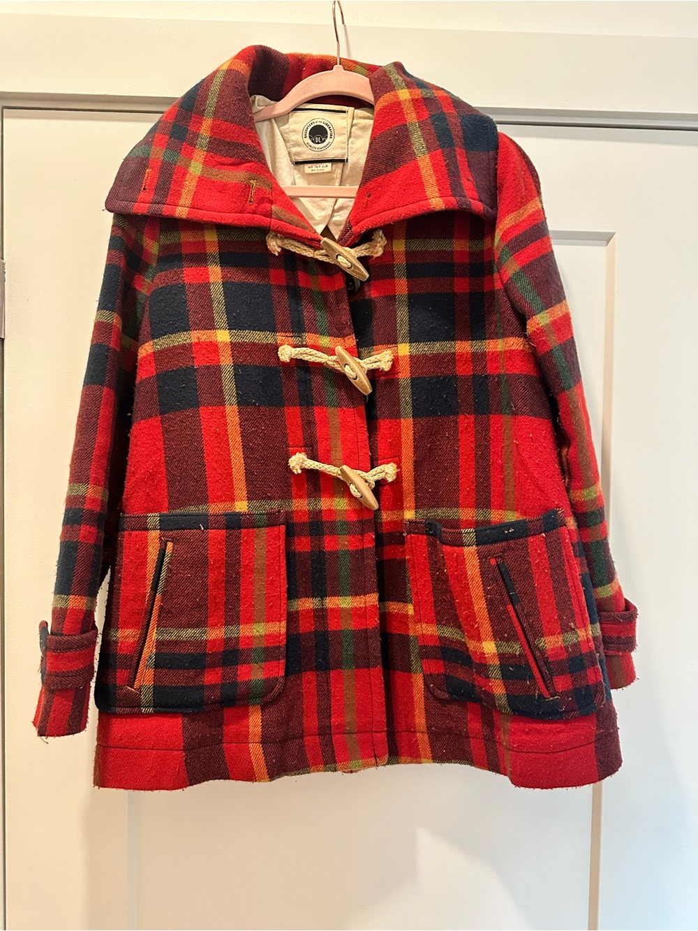 Red plaid toggle coat from Anthropologie Daughters of Liberation size 4